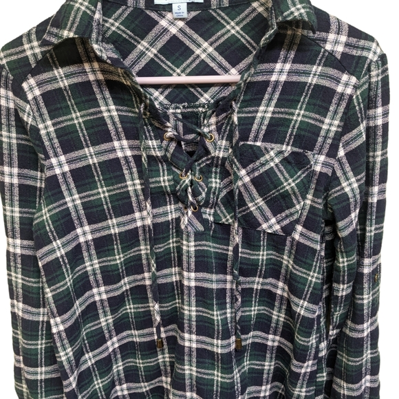 She+Sky Size Small Green Blue & White Flannel Tunic with Laces - Picture 2 of 11